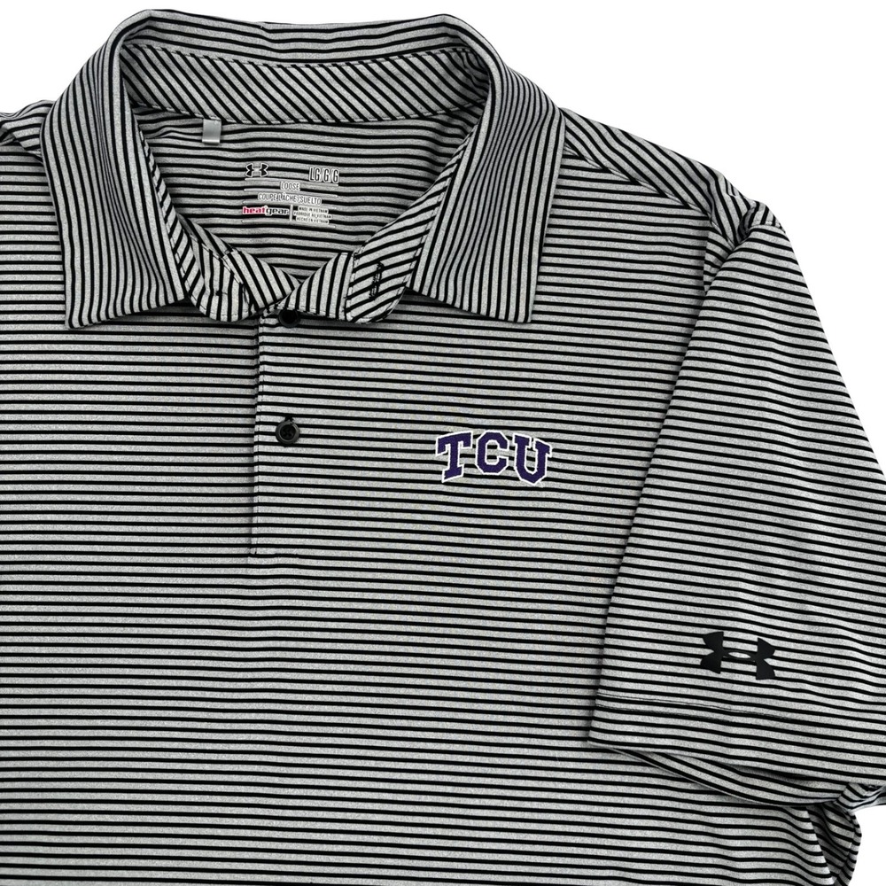 Under Armour TCU Horned Frogs Mens Large HeatGear Striped Polo Shirt Gray Black